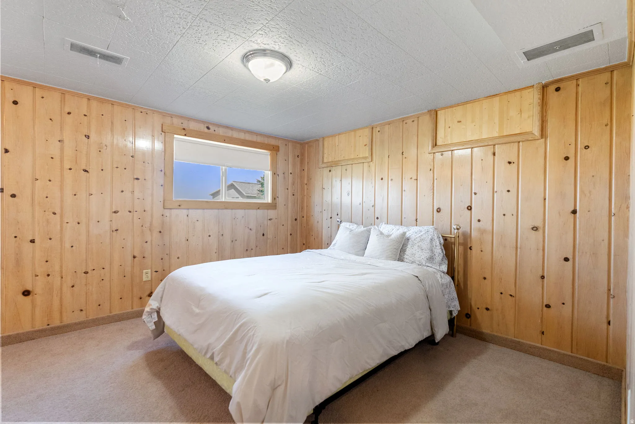 Knotty pine wood paneling, carpet flooring, window with exterior scenery, ceiling-mounted light fixture, and textured ceiling