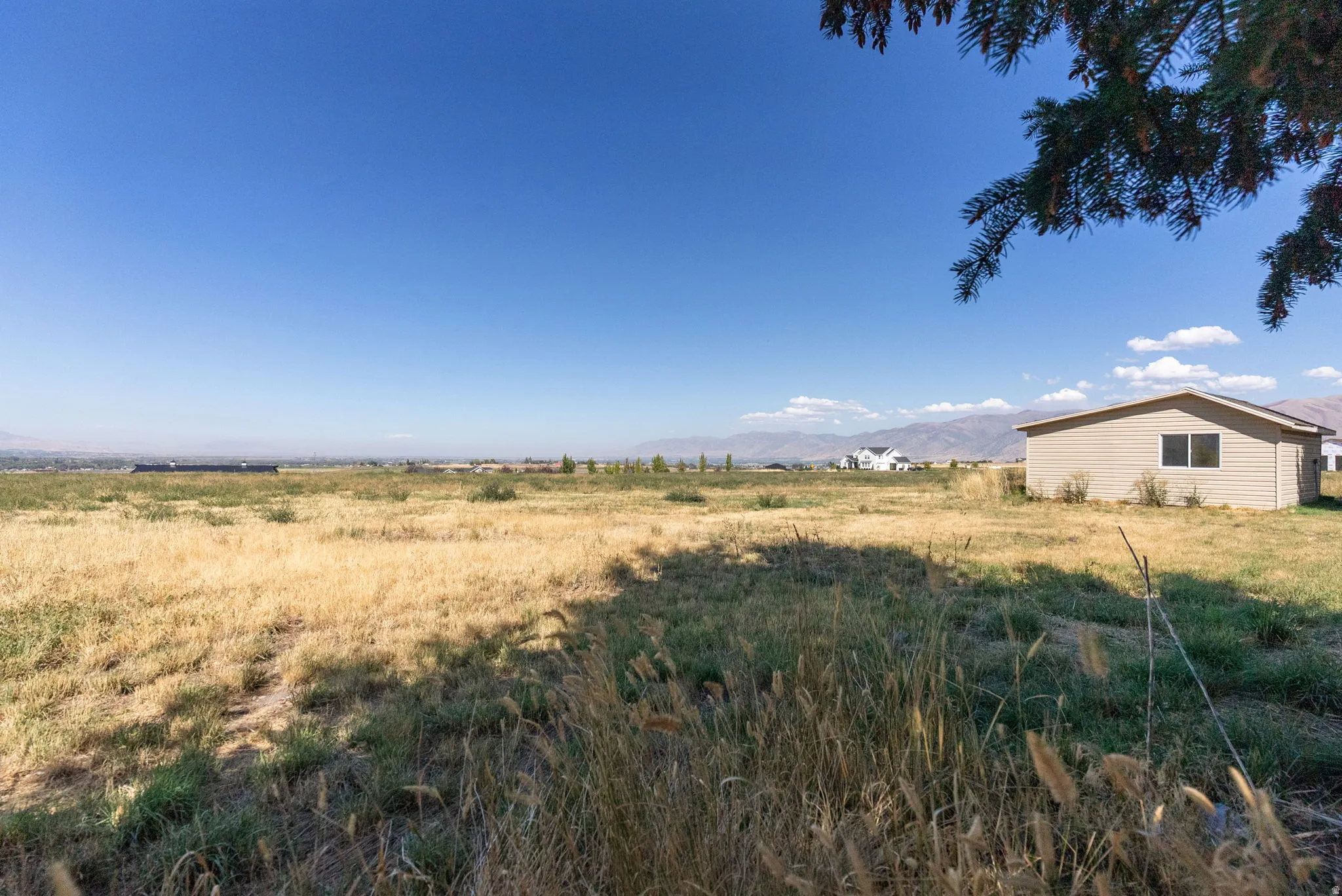 Expansive undeveloped lot featuring a detached structure with siding and a clear sky backdrop