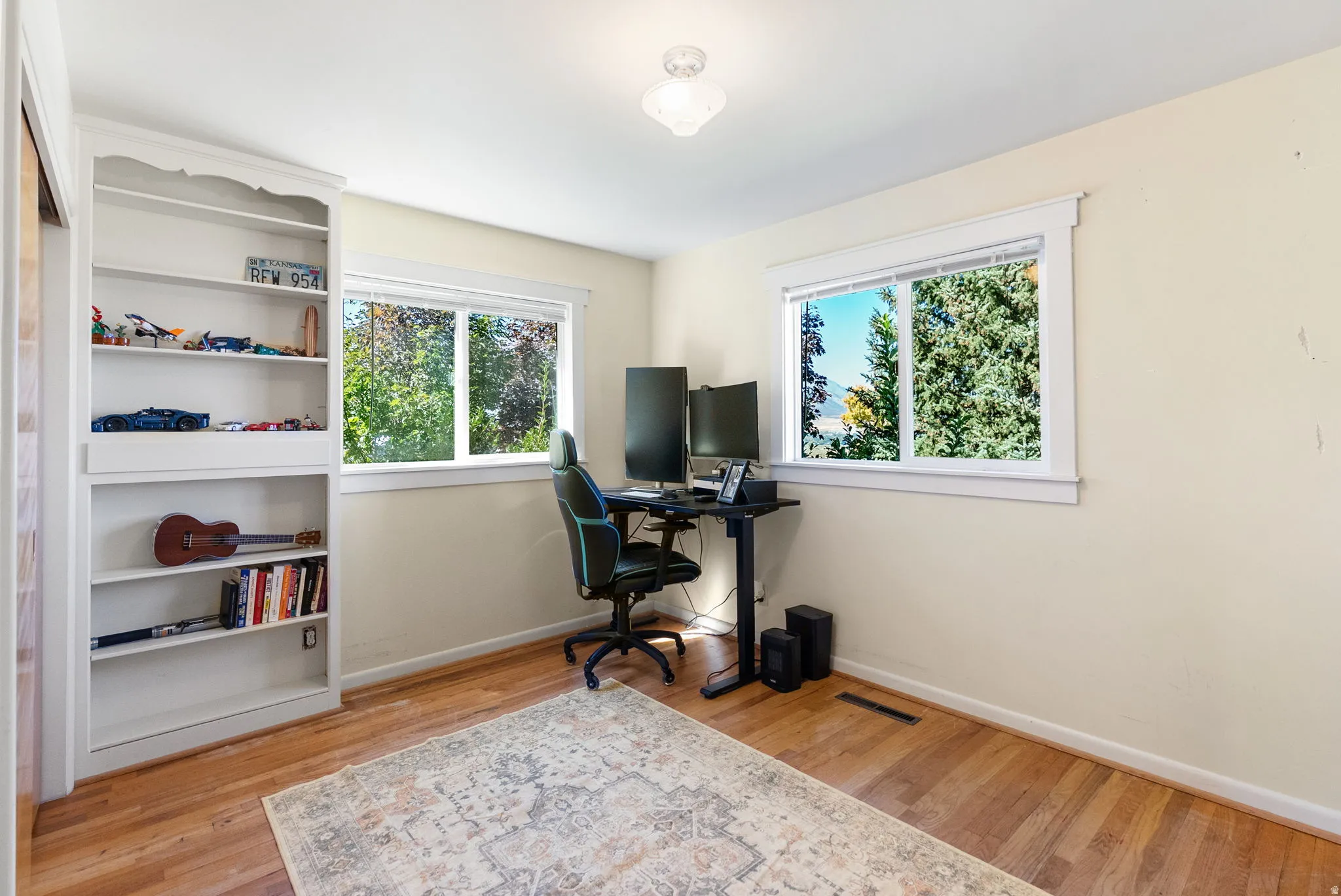 Built-in shelving, wood-finish flooring, two large windows, white trim, and a ceiling-mounted light fixture