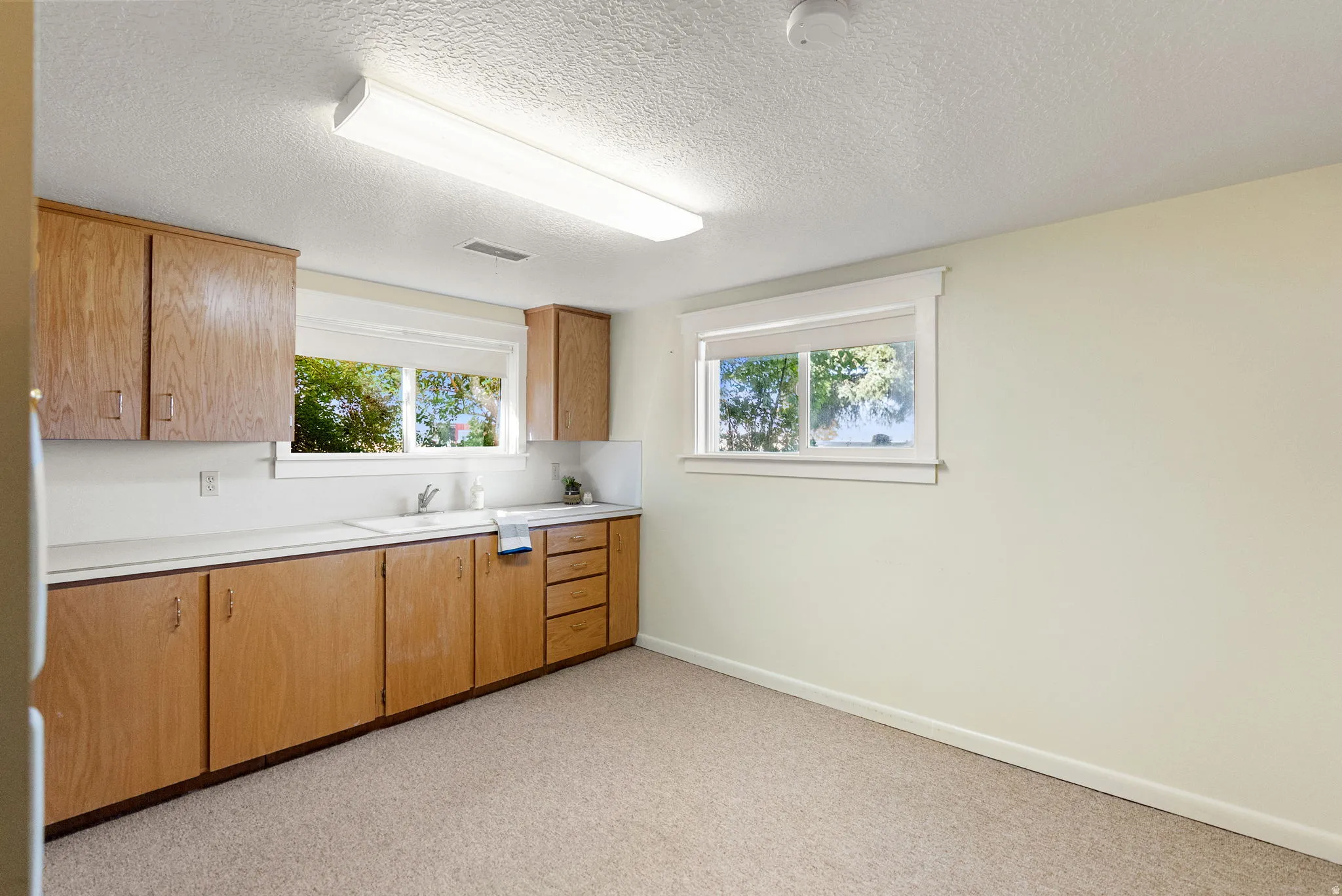 Second kitchen with wood-finish cabinetry with drawer storage and a built-in sink