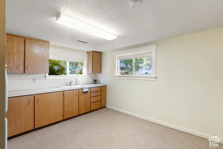 Second kitchen with wood-finish cabinetry with drawer storage and a built-in sink