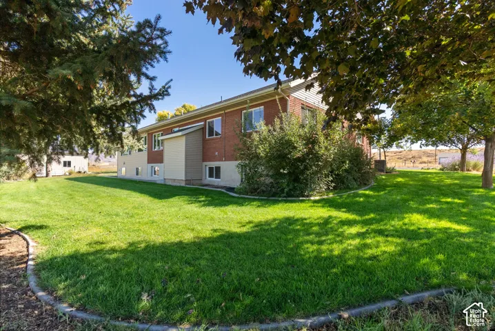 Expansive green lawn with mature trees and established landscaping