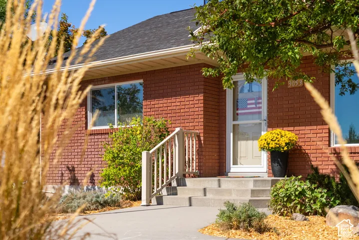 Brick exterior with a dark shingle roof, concrete porch and steps, and a white storm door