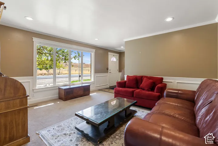 Recessed lighting, crown molding, and wainscoting details