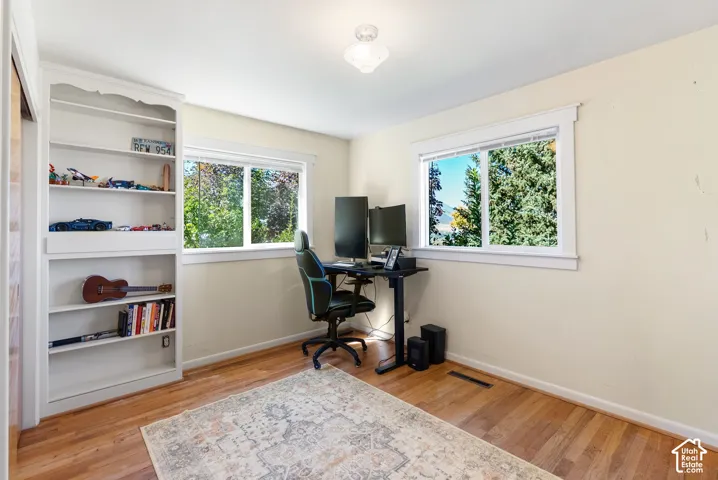 Built-in shelving, wood-finish flooring, two large windows, white trim, and a ceiling-mounted light fixture