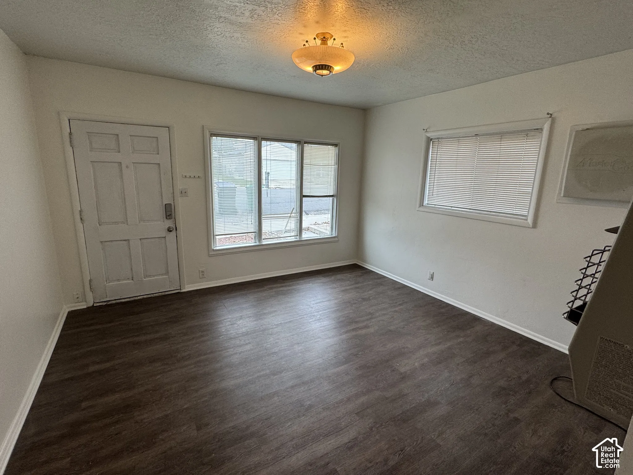 Wood-finish flooring throughout, multiple windows with blinds, and ceiling-mounted light fixture