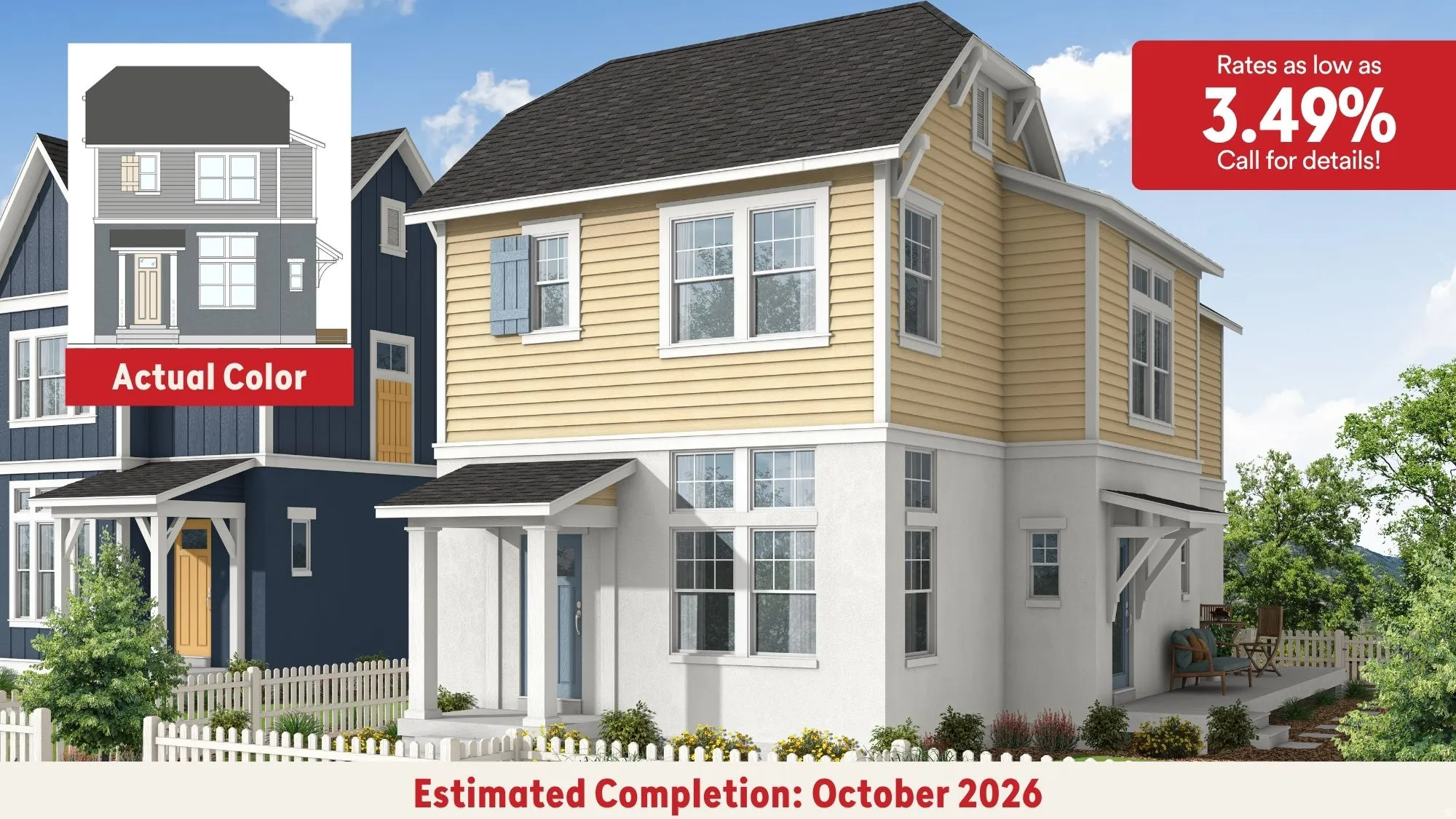 Marketing Advertisement. Depicting a residential structure with an estimated completion date and financing rate information