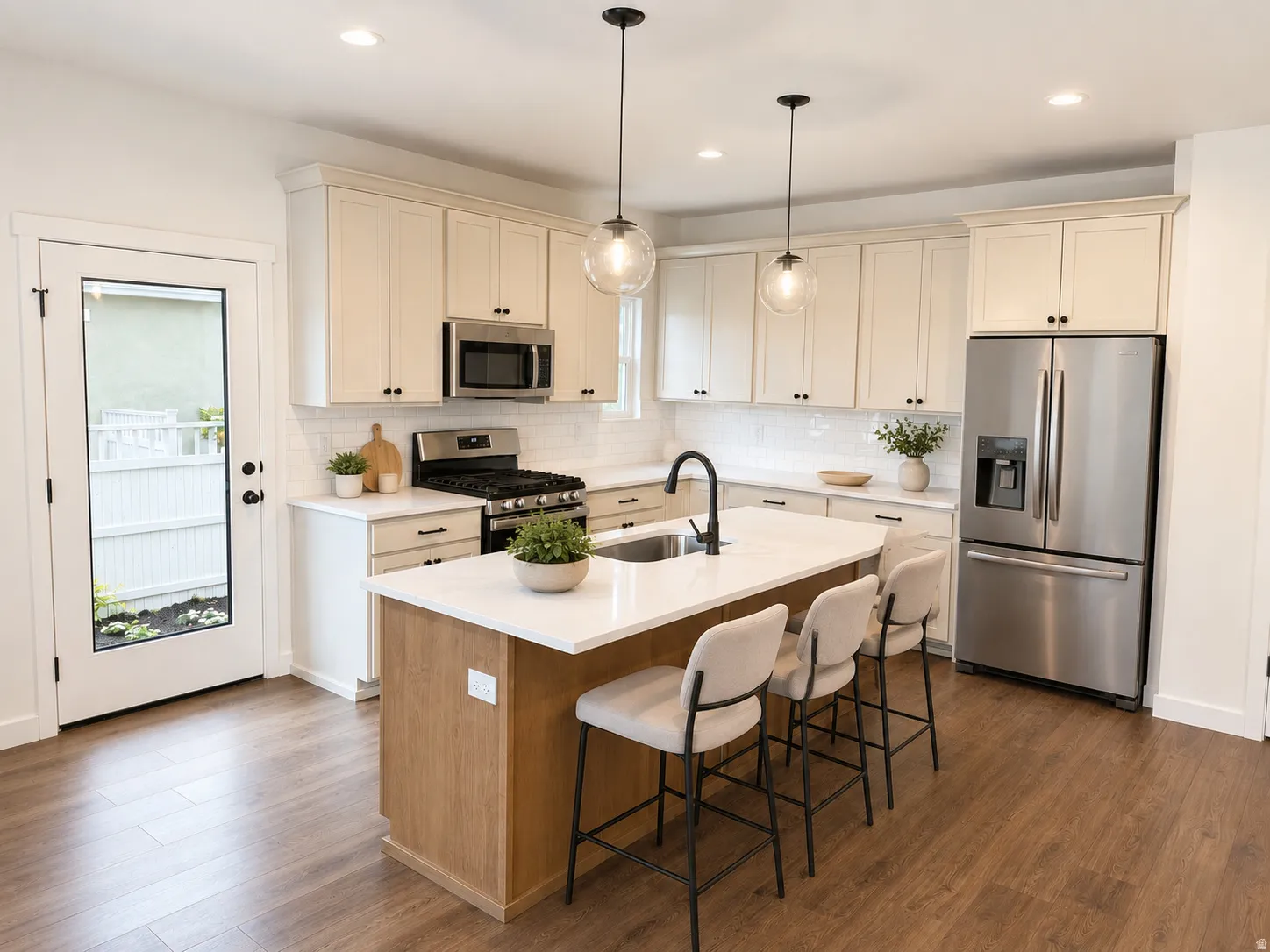 Modern kitchen featuring wood-finish flooring, a central island with seating, a stainless steel gas range, and a full-light door