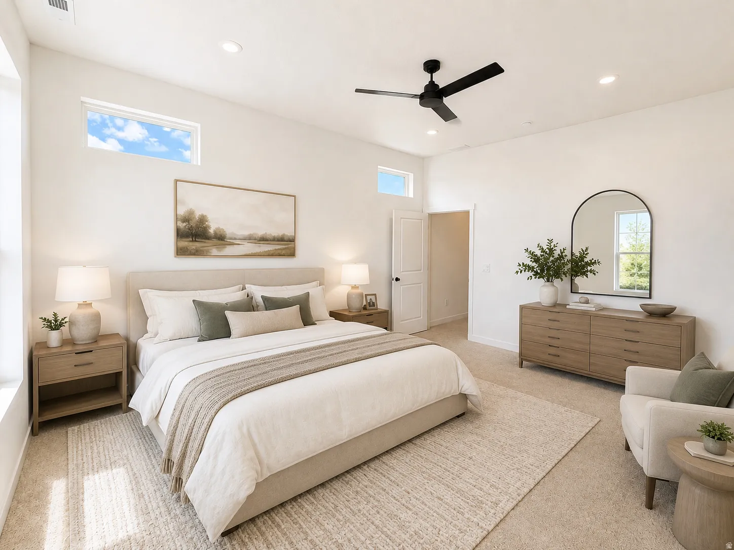 Vaulted ceiling with recessed lighting, high windows, ceiling fan, and carpeted flooring