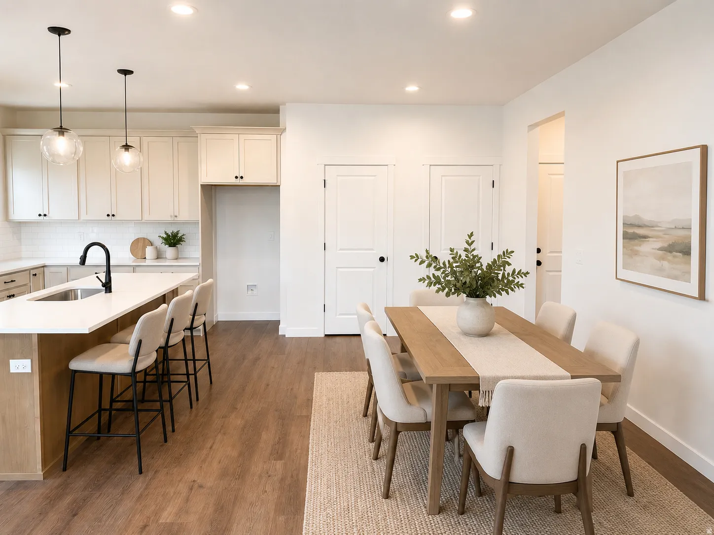 Open-concept kitchen and dining area featuring wood-finish flooring, recessed lighting, white perimeter cabinetry, a large kitchen island with seating, and a stainless steel sink with a matte black faucet