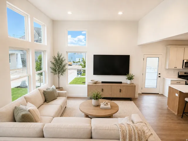 Vaulted ceiling, recessed lighting, wood-finish flooring, white cabinetry, and white countertops