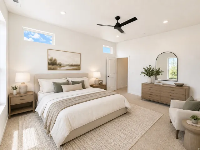 Vaulted ceiling with recessed lighting, high windows, ceiling fan, and carpeted flooring