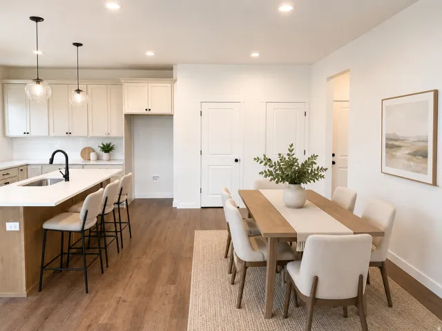 Open-concept kitchen and dining area featuring wood-finish flooring, recessed lighting, white perimeter cabinetry, a large kitchen island with seating, and a stainless steel sink with a matte black faucet