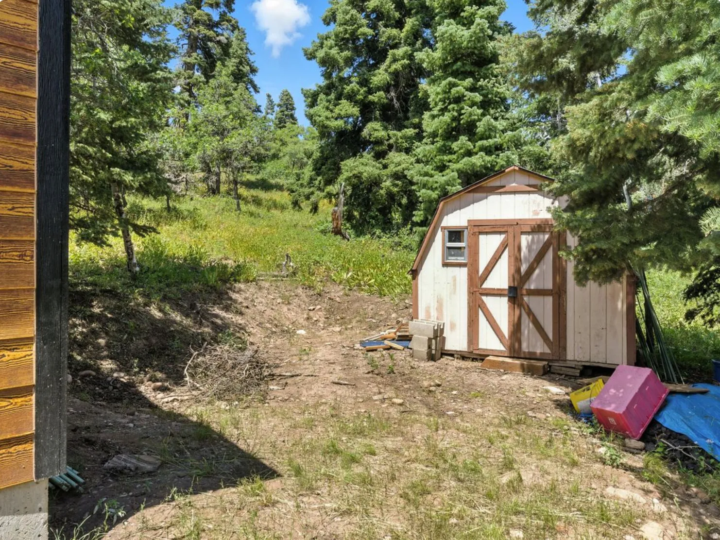 Detached storage shed with barn-style doors and a side window, surrounded by mature evergreen trees