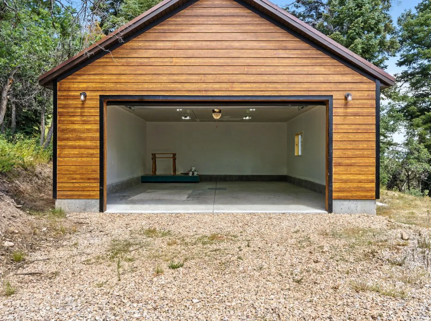 Wood-finish siding with a gabled roofline
