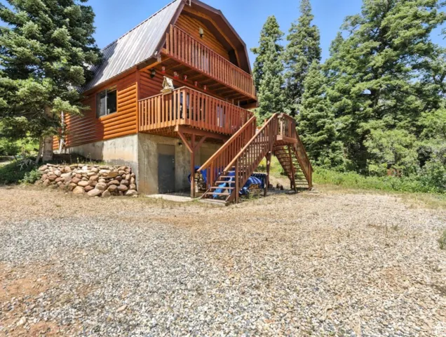 Log cabin exterior with an A-frame roof and wood-clad siding