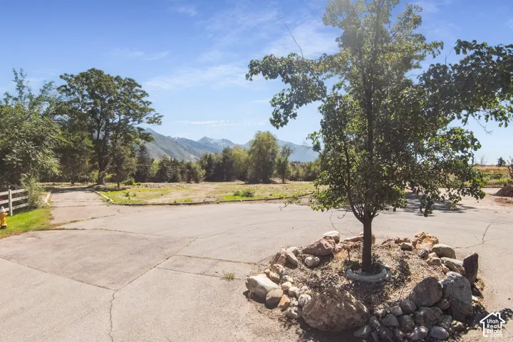 Expansive paved area with a central tree feature, surrounded by mature trees and open land, with distant mountains under a clear sky