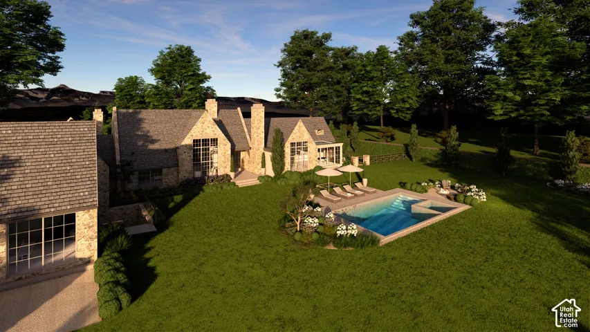 Stone exterior with multiple gables, extensive lawn, an integrated swimming pool and spa, and mature trees