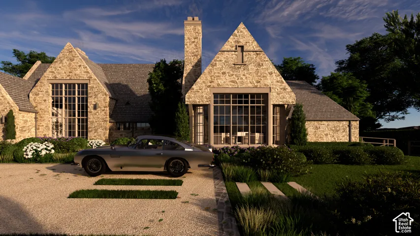 Stone exterior with prominent gables and a tall chimney