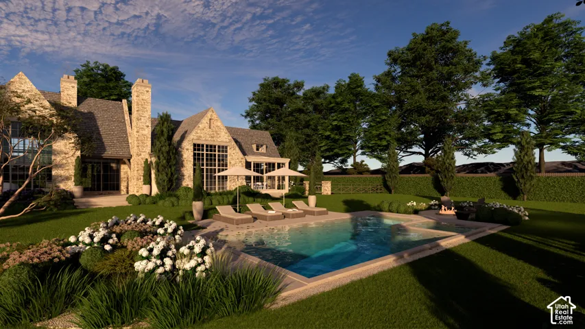 Stone exterior with multiple chimneys, prominent gables, and large windows