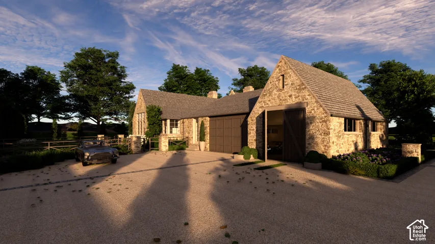 Stone exterior with pitched roofs and gabled dormers