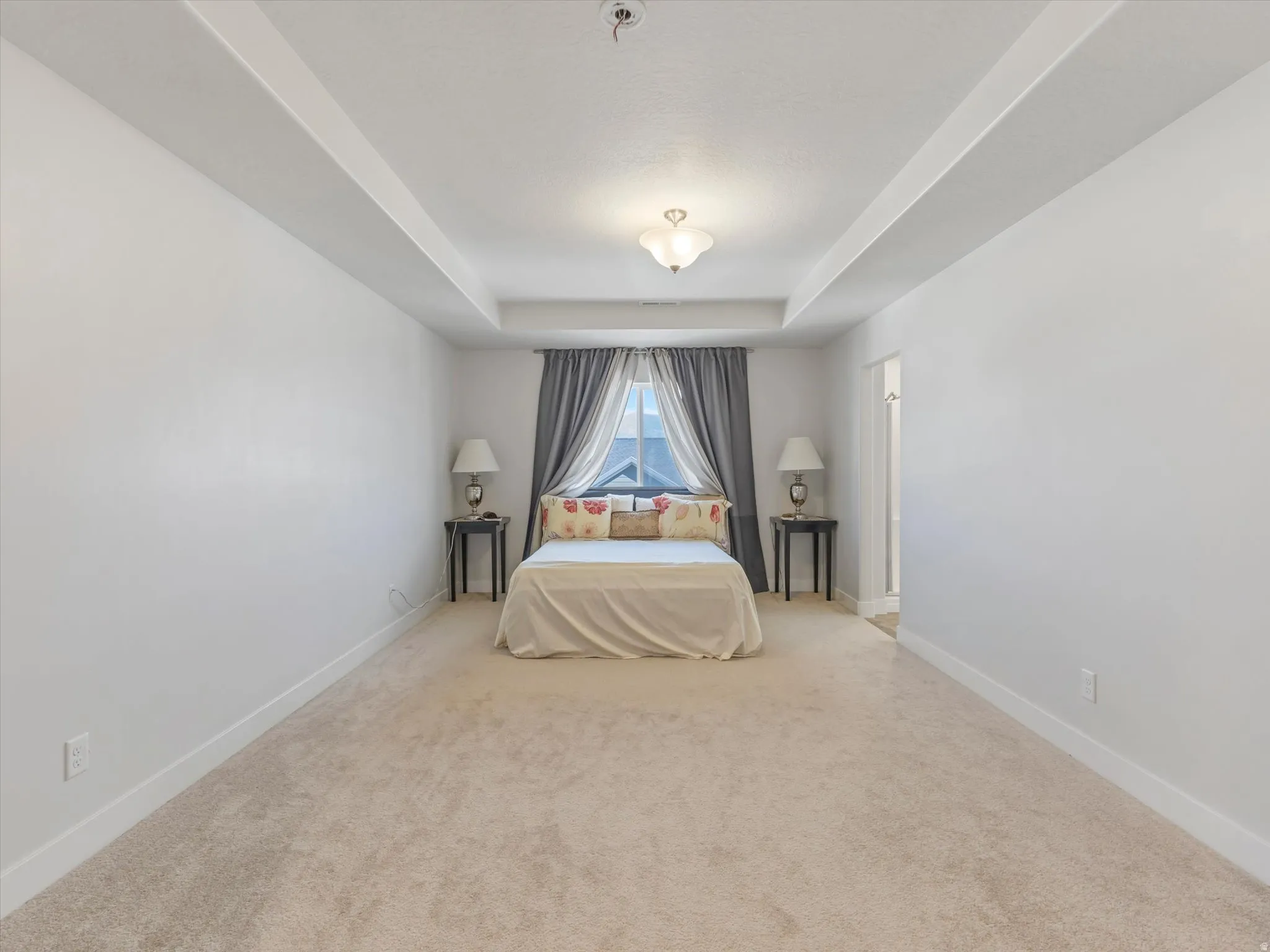 Recessed ceiling feature, neutral-toned carpeting, ample natural light, ceiling-mounted lighting fixture, and a spacious layout