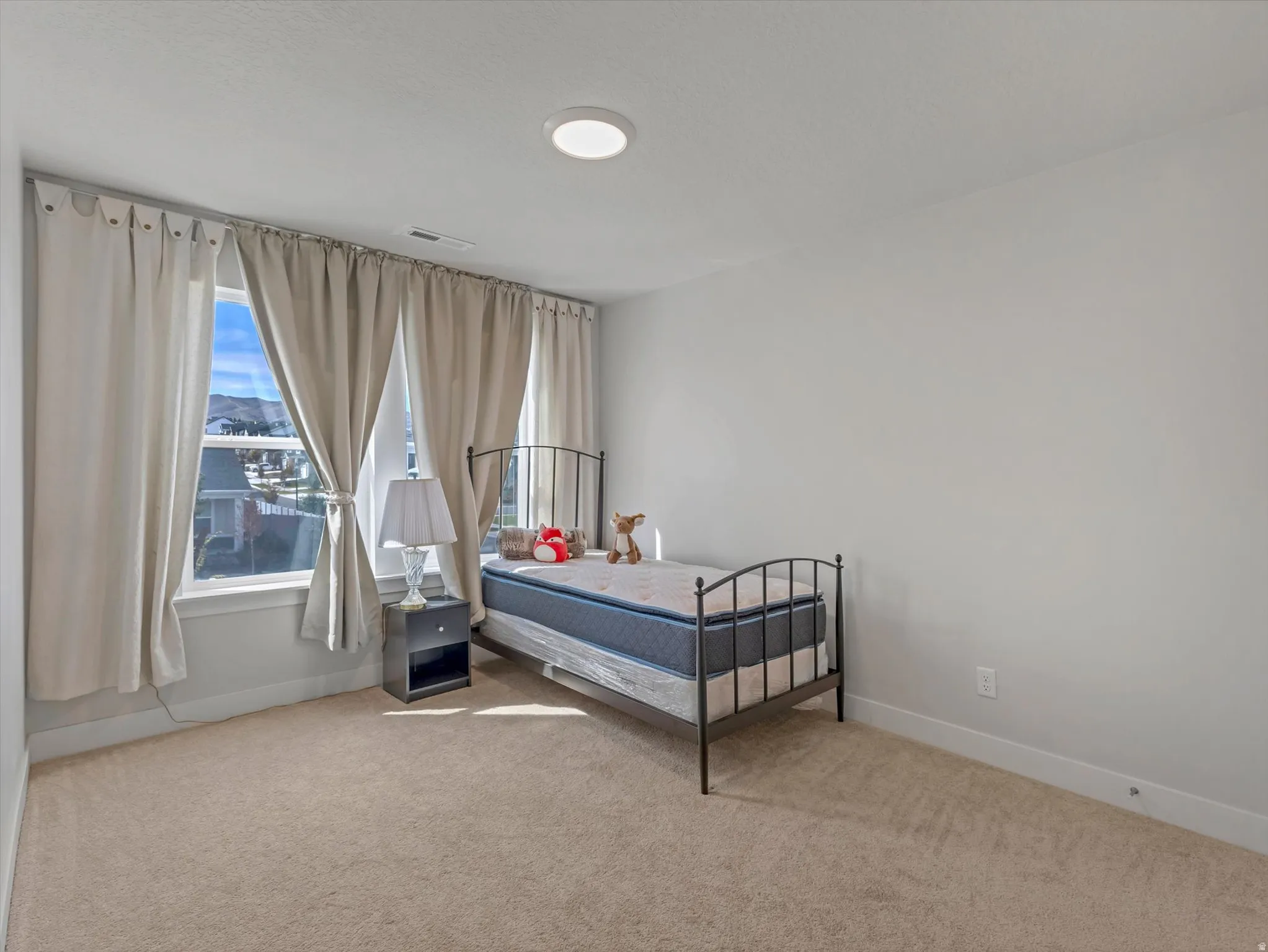 Light-colored carpeting, multiple windows with neutral-toned drapes, and a flush-mount ceiling light fixture