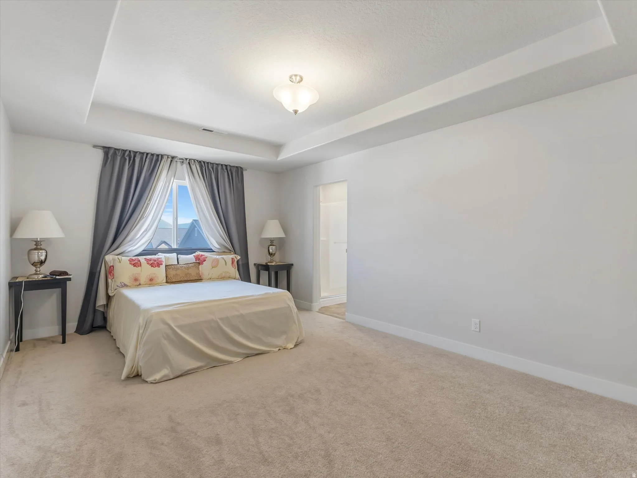 Recessed ceiling with a central flush mount light fixture, neutral carpet flooring, and a window with a mountain backdrop