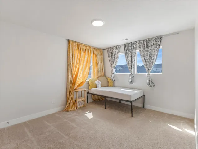 Carpeted room with multiple windows, an overhead light fixture, and light-colored walls