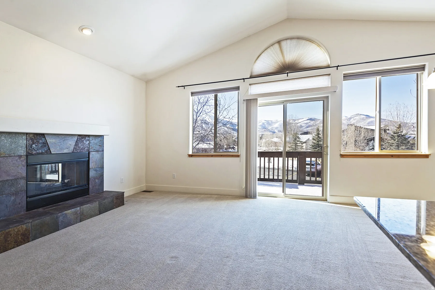 Vaulted ceilings, a slate-tiled fireplace, and a sliding glass door leading to a balcony