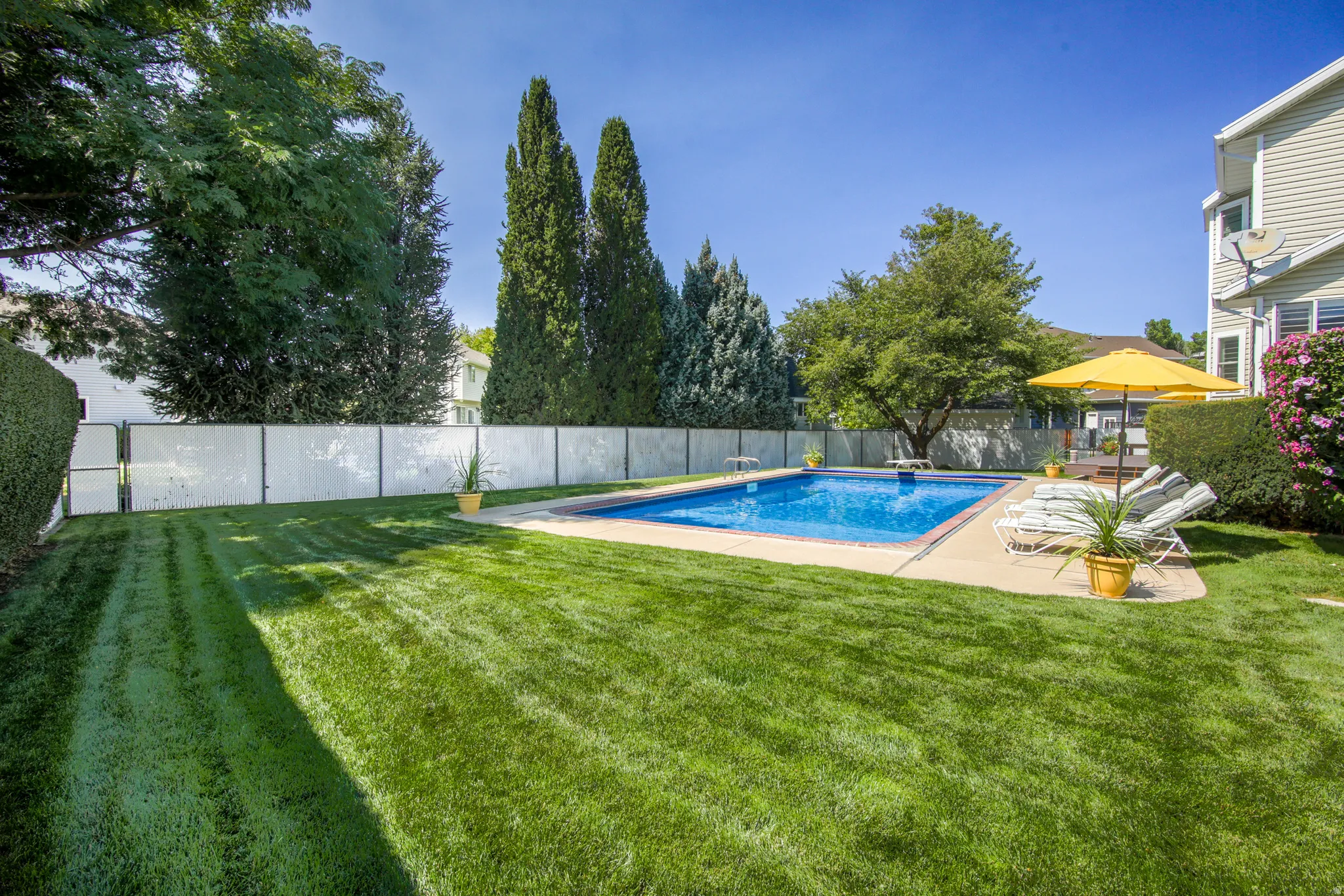 Expansive backyard featuring a fantastic swimming pool, concrete pool deck, and lush green lawn