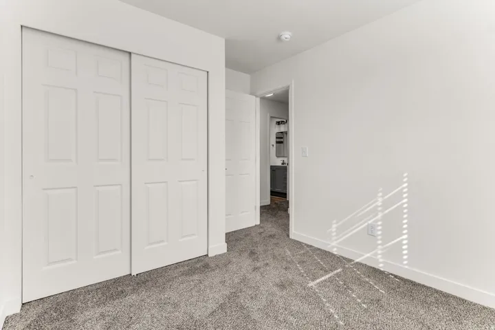 Sliding panel closet doors, neutral carpeting, and a bright white paint scheme