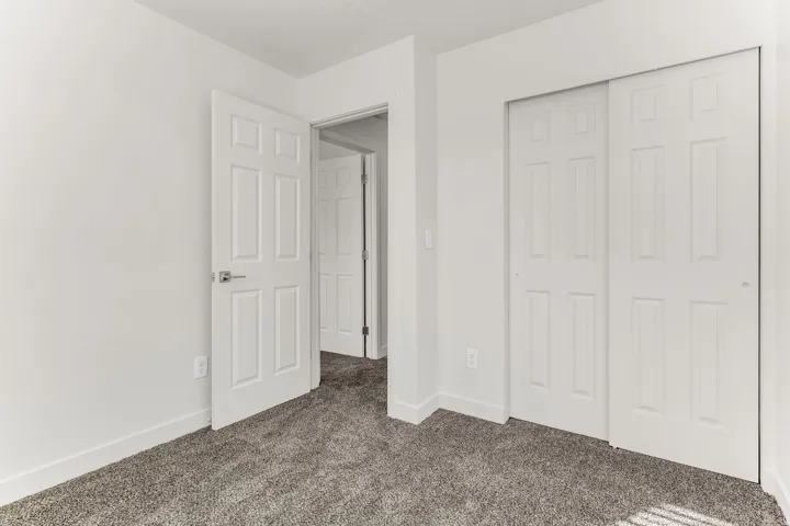 Light gray textured carpeting, white walls, white paneled doors, and a white sliding closet door