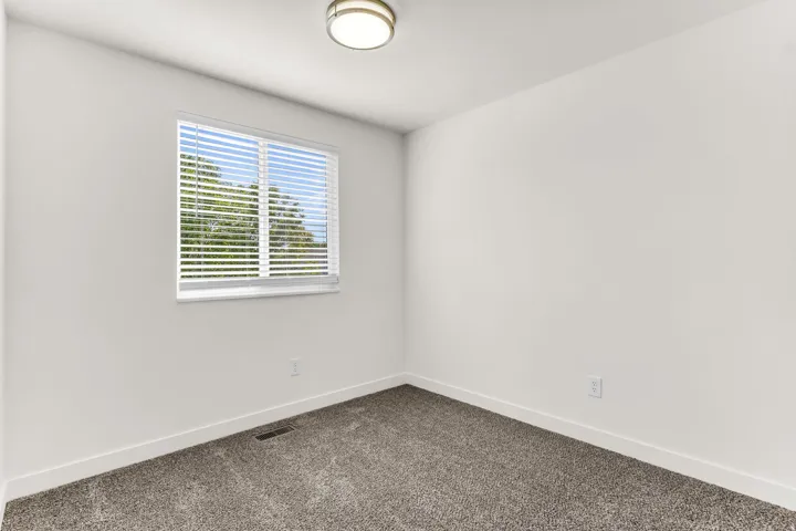 Neutral wall paint, window with blinds, overhead lighting, and carpet flooring