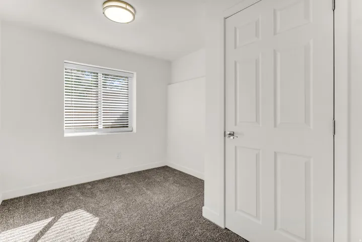 White walls, carpet flooring, a window with blinds, a flush mount ceiling light, and a paneled door with a lever handle