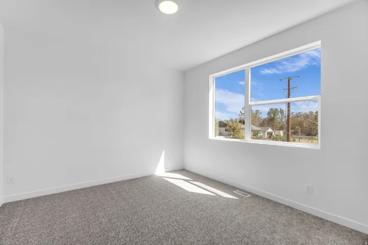 Recessed ceiling light, white painted walls, grey carpet flooring, and a large window with white trim