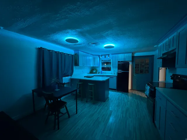 Wood-finish flooring throughout, complemented by recessed ceiling lighting and under-cabinet lighting