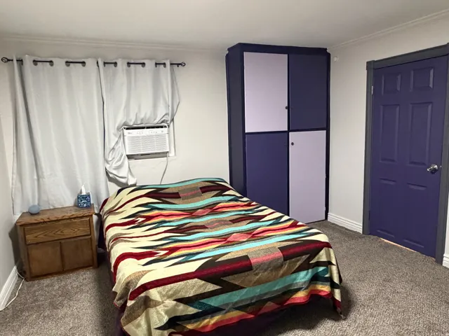 Plush carpet flooring, a window-mounted air conditioning unit, a built-in storage unit, and a paneled door