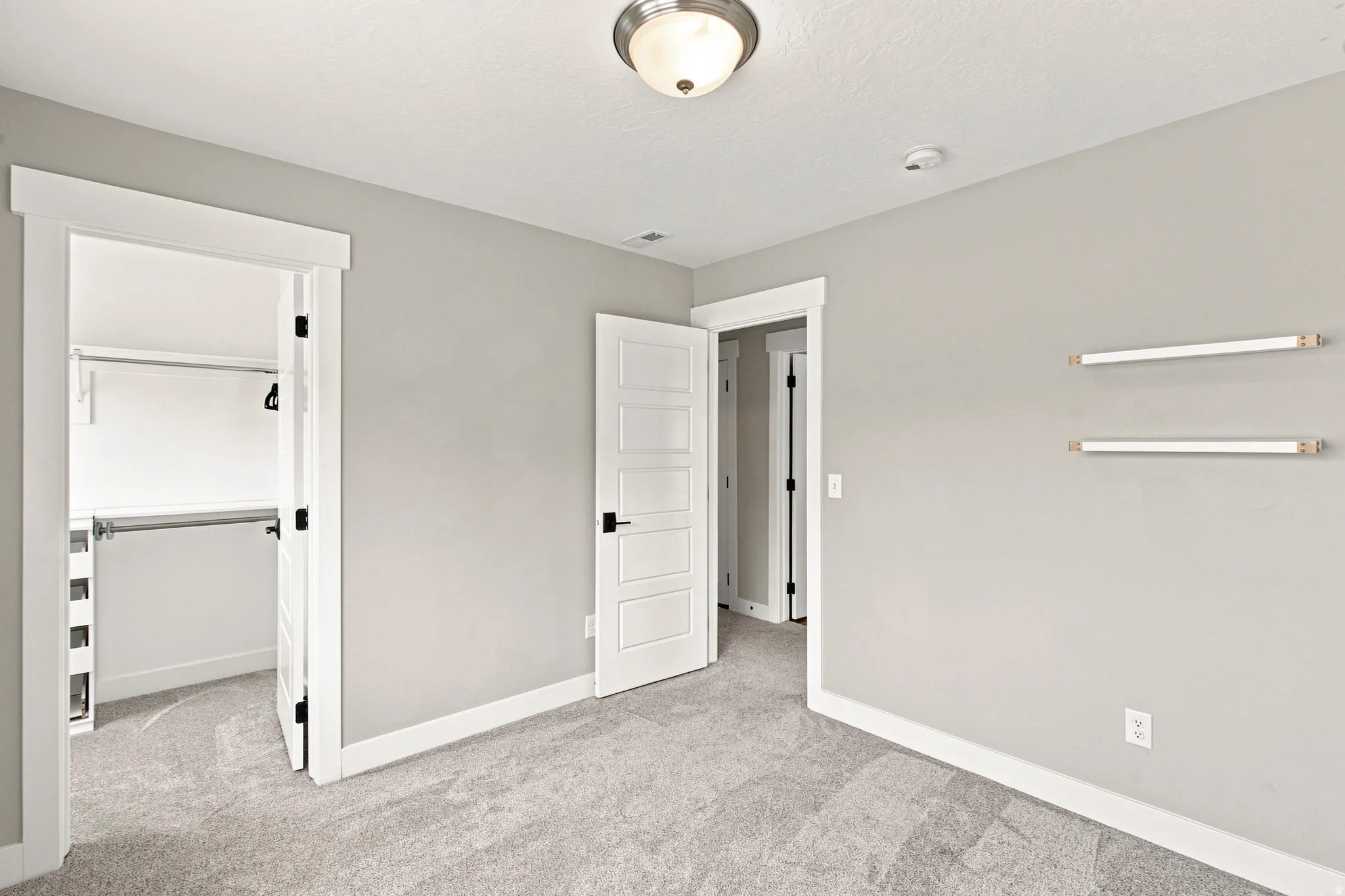 Plush carpeted flooring, a semi-flush mount ceiling light, a built-in closet with shelving and clothing rods, and a five-panel interior door with matte black hardware