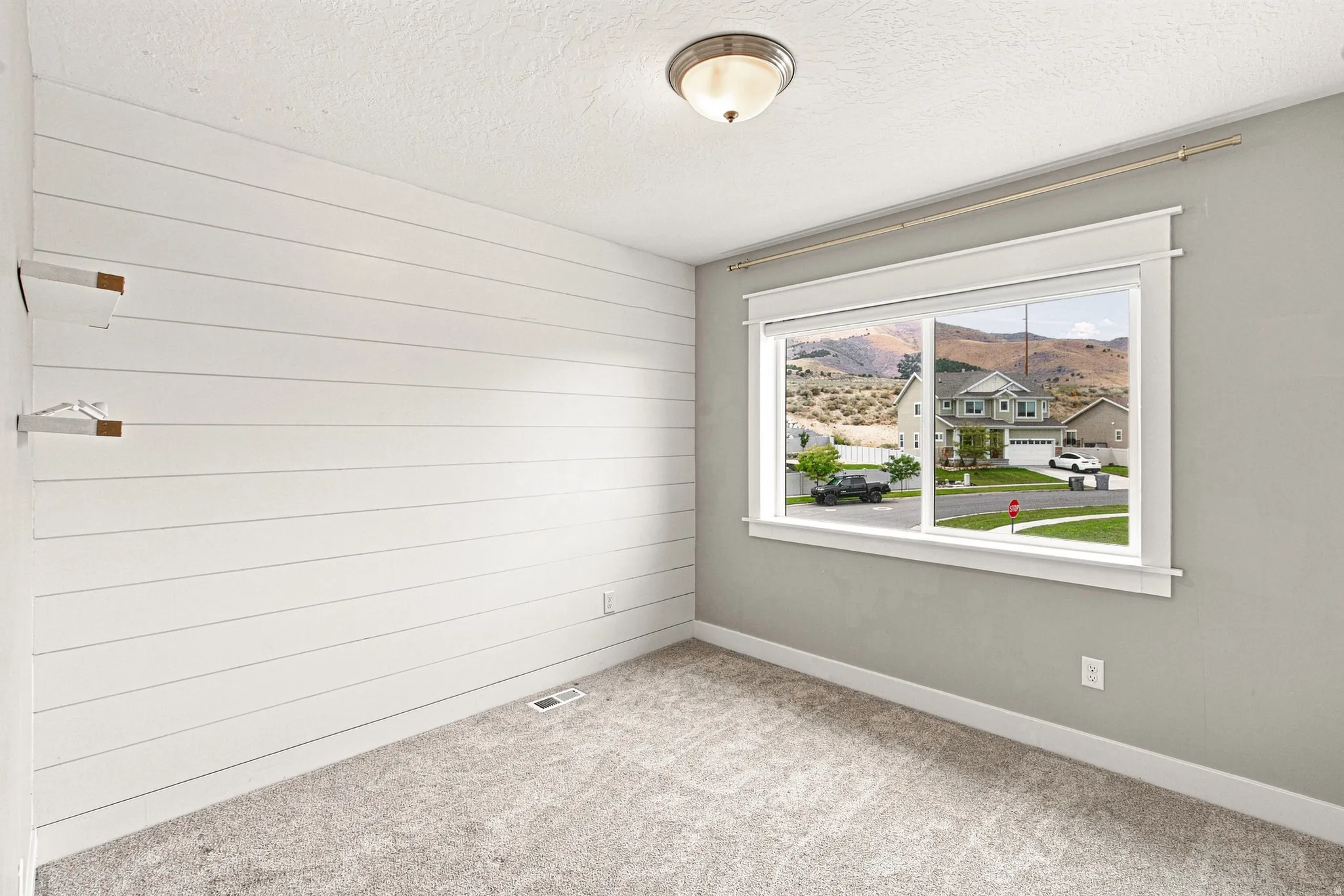 Carpeted room with a shiplap accent wall, built-in shelving, window with mountain backdrop, and a flush-mount ceiling light
