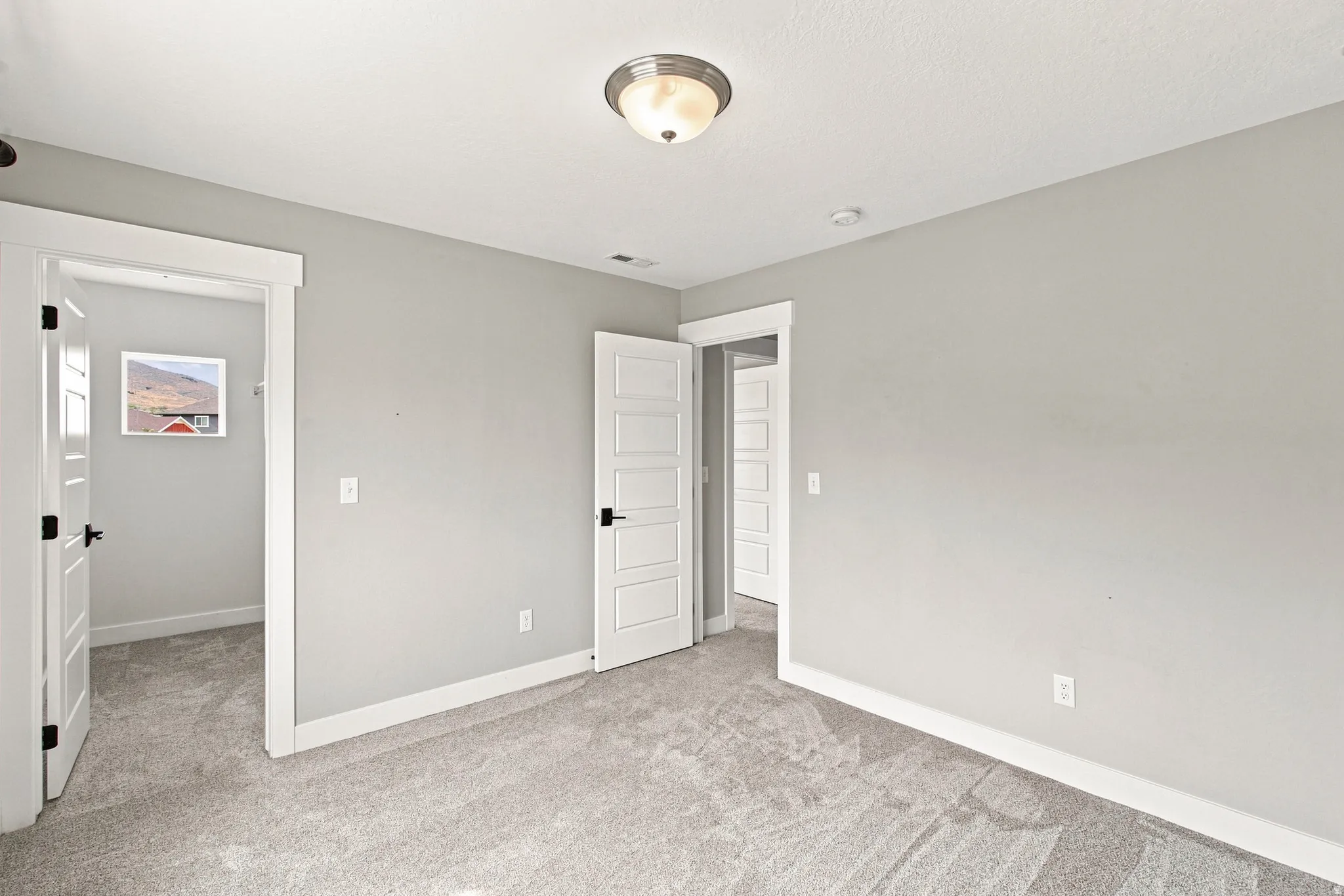 Gray wall paint with white trim, carpeting, and flush mount lighting
