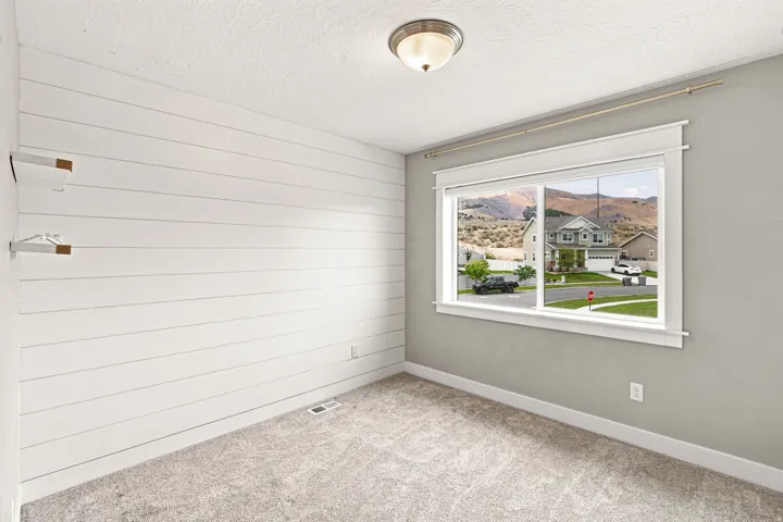 Carpeted room with a shiplap accent wall, built-in shelving, window with mountain backdrop, and a flush-mount ceiling light