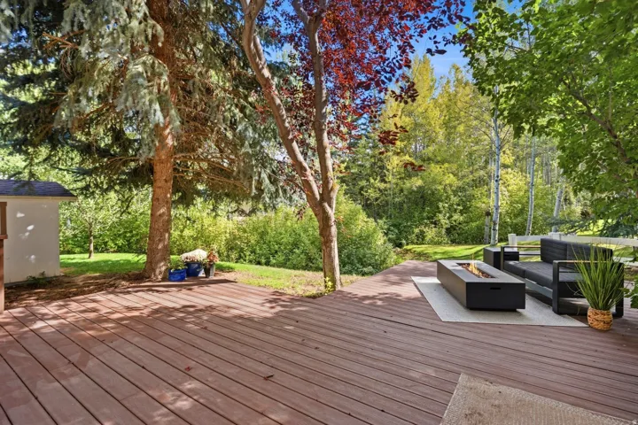Expansive wood-finish deck with mature trees, a built-in fire feature, and a detached storage shed