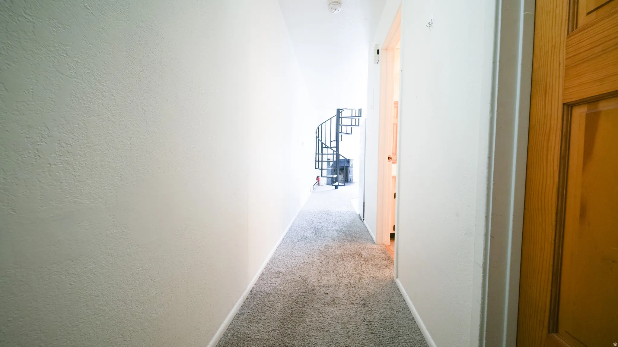 Textured wall finish, carpeted flooring, wood-paneled door, and a distant spiral staircase