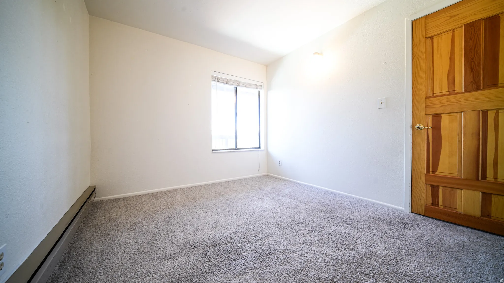 Wall-to-wall carpeting, wood paneled door, baseboard heating unit, and a window with blinds