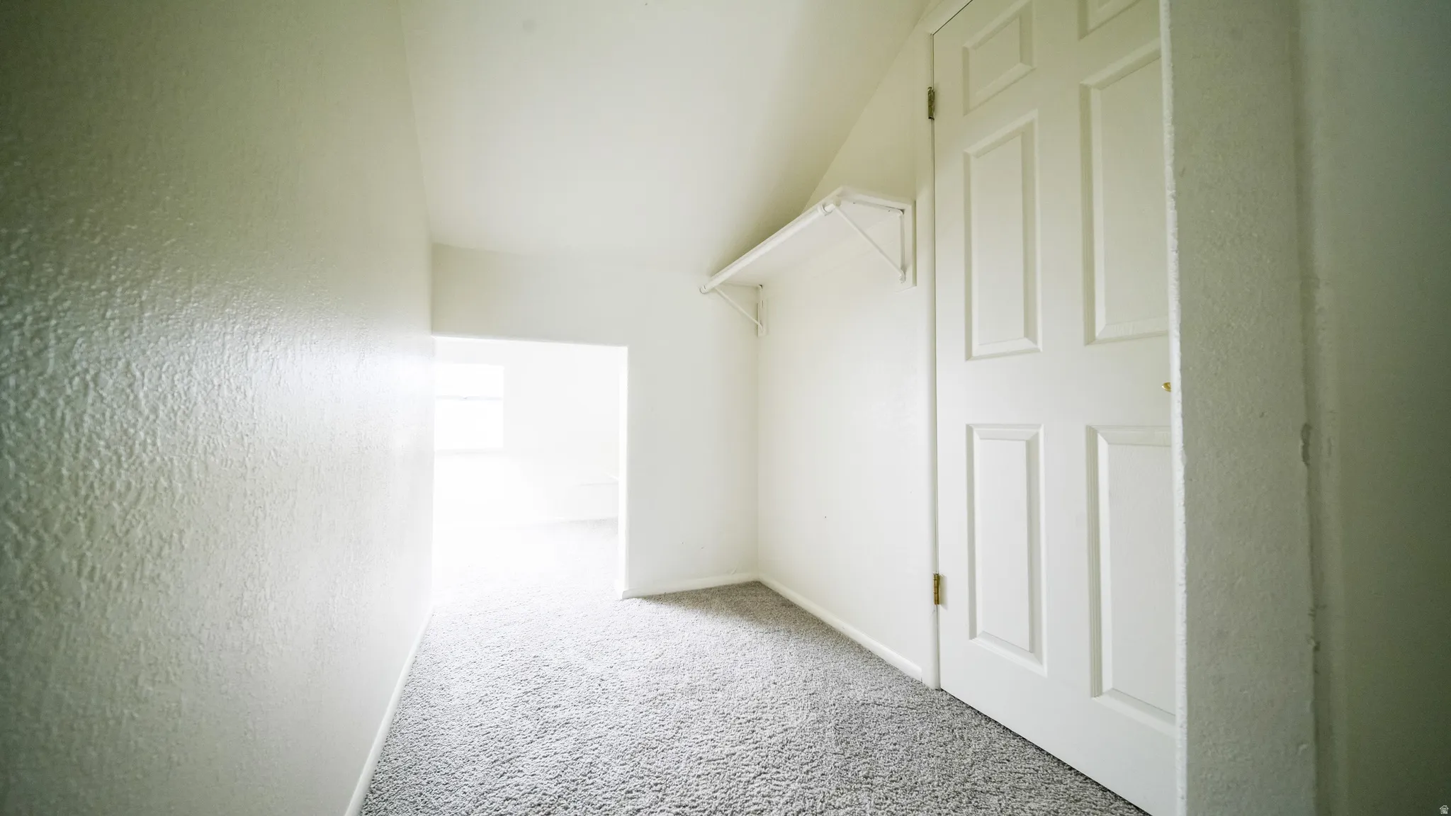 Light grey carpeting, textured white walls, white paneled door, and built-in white shelving
