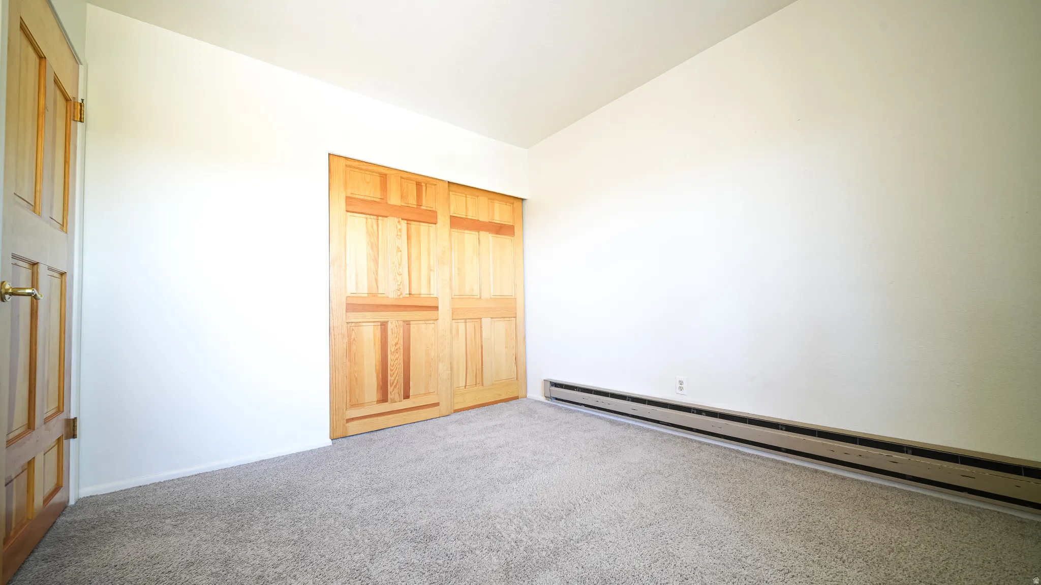 Carpeted flooring, natural wood doors, and baseboard heating
