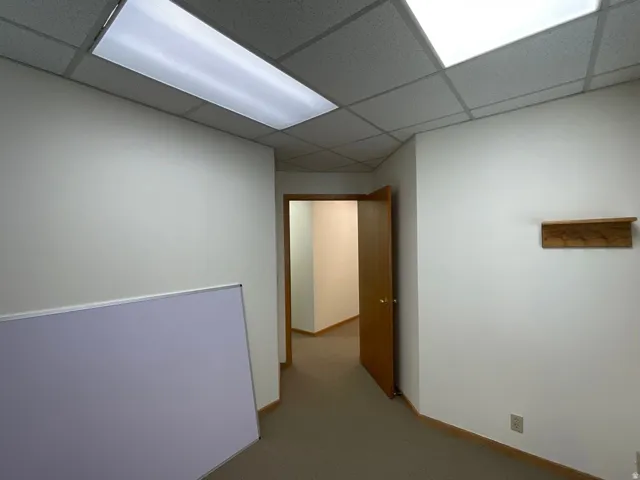 Recessed lighting, wood-finish shelving, wood-finish interior door, wall-to-wall carpeting, and acoustic panel ceiling