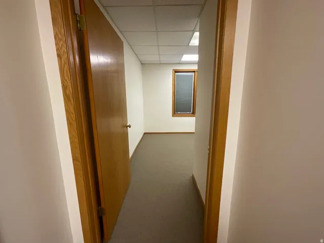 Carpeted flooring, window with blinds, suspended ceiling, recessed lighting