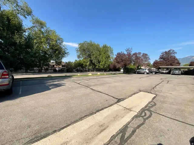 Paved parking area with mature trees and covered parking structures